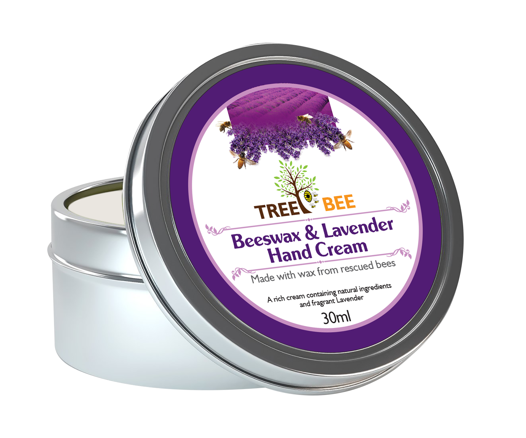 TreeBee 30ml-Handcrafted Lavender Beeswax Cream, Natural Hand Moisturiser, Organic Lavender Lotion, UK Made, Handcrafted Gift
